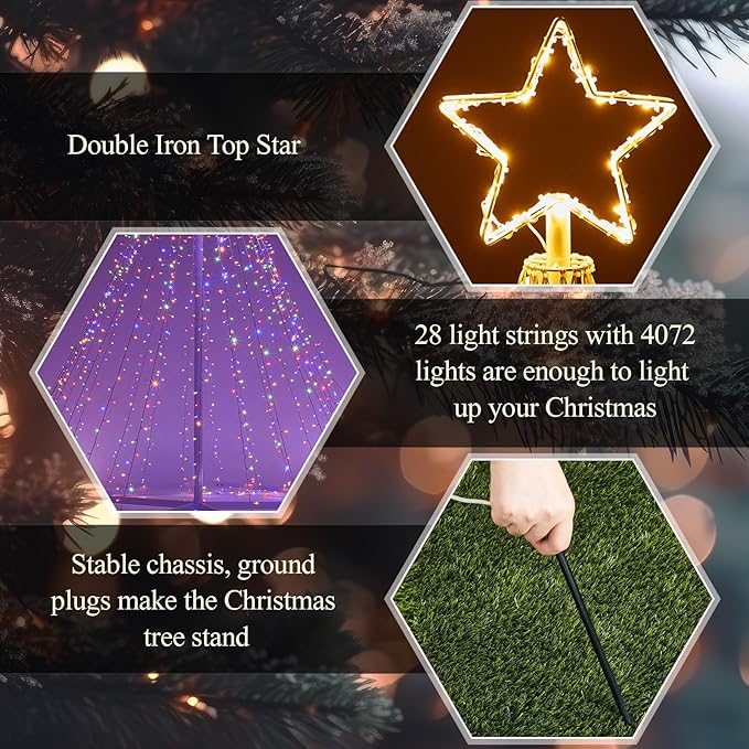 Riakrum 20ft-3199 LED Flagpole Christmas Tree Lights Outdoor Decorations with Star Topper, 8 Lighting Modes Pre-lit LED Flagpole Christmas Lights Multicolor, Outside Yard Holiday Display