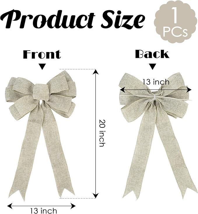 13" Burlap Wired Ribbon Bow Christmas Tree Topper Bow, Rustic Bow Party Decorations, Premade Bows with Twist Tie, Large Gift Bow for Outdoor Wreath, Wedding, Holiday, Birthday-1 PCs