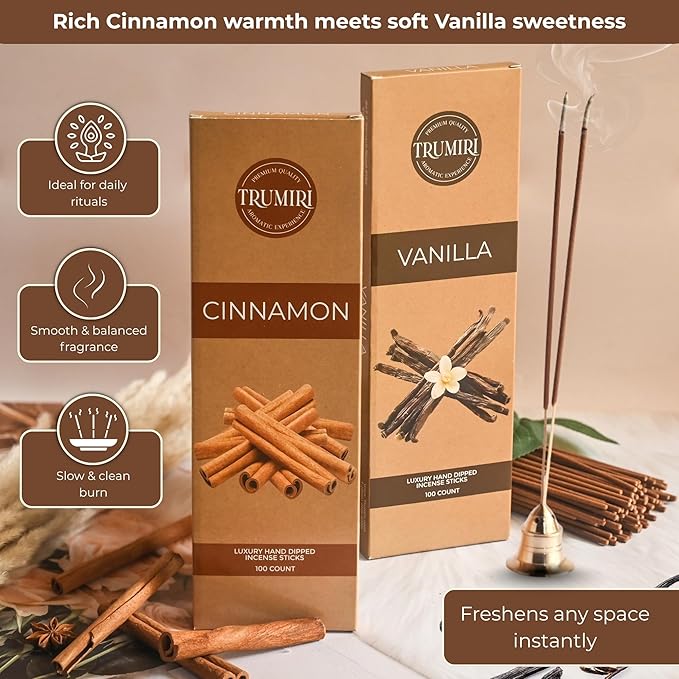 Cinnamon & Vanilla - Combo Pack of Incense Sticks - 100 Insence-Sticks of Each Scent - Total 200 Inscents - Inciensos Aromaticos para La Casa - Made with Natural Non Toxic Ingredients