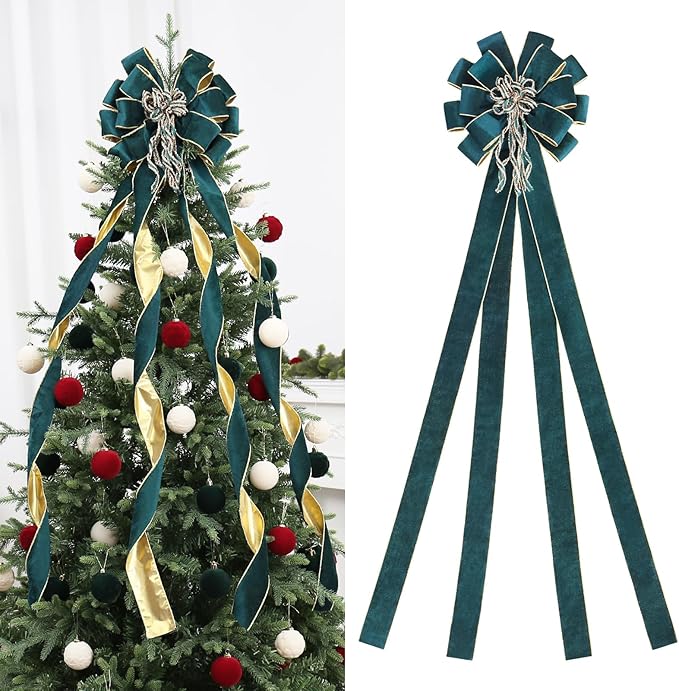 Green/Gold Velvet Christmas Tree Topper, 48x12 Inch Christmas Bow Tree Topper for Xmas Tree Decorations, for Xmas Ornaments Holiday Home Indoor/Outdoor Wedding Thanksgiving Decor.