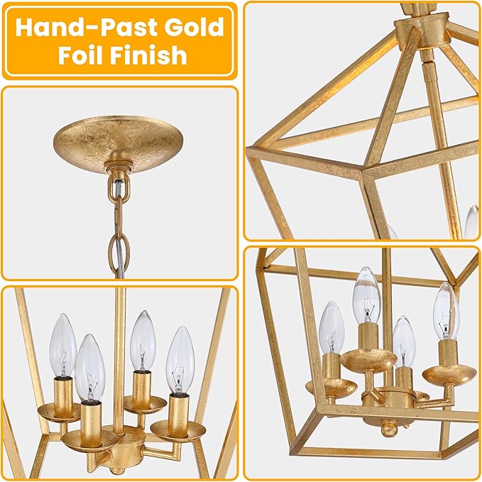Untrammelife 4-Light Gold Lantern Pendant Light, Adjustable Height Metal Geometric Light Fixture 12’’ Classic Cage Lantern Chandelier for Kitchen Island Hallway, Hand-Pasted Gold Foil Finish