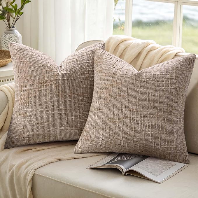 decorUhome Fall Oatmeal Chenille Throw Pillow Covers 16x16 Set of 2 Thick Textured Slubby Couch Pillow Covers Farmhouse Accent Modern Neutral Decorative Pillow Cases for Bed Sofa Living Room