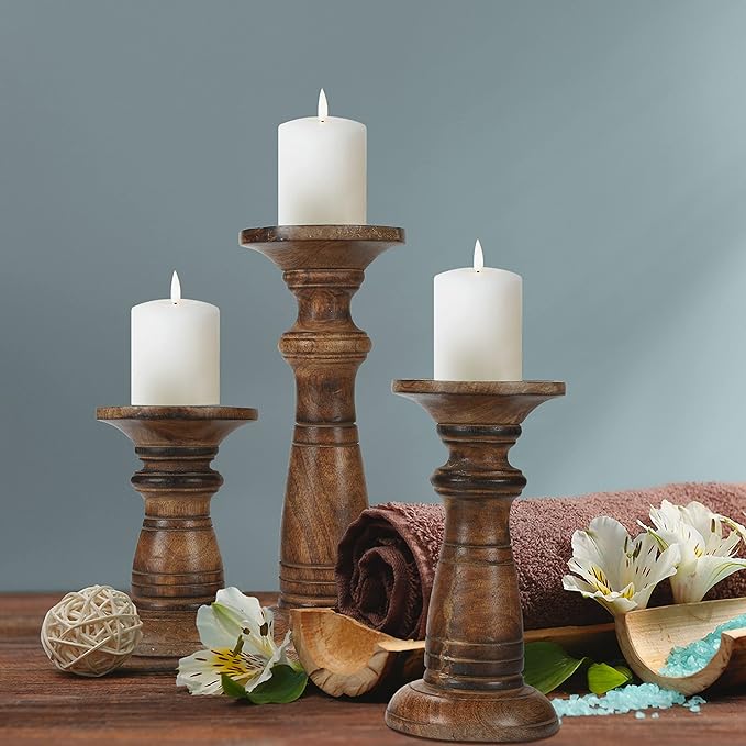 Hand Crafted Wooden Pillar Candle Holders Set of 3, Ideal for LED and Pillar Candles, Gifts for Wedding, Christmas, Party, Home, Spa, Reiki, Aromatherapy, Votive Candle Gardens - 10, 8, 6 Inch - Burnt