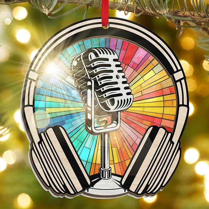 GEEMBI Christmas Microphone Ornament - Suncatcher Microphone Christmas Ornaments 2025 for Tree Decorations - Music Teacher Gifts for Men Women Musicians Friends, Music Ornaments, Stocking Stuffers