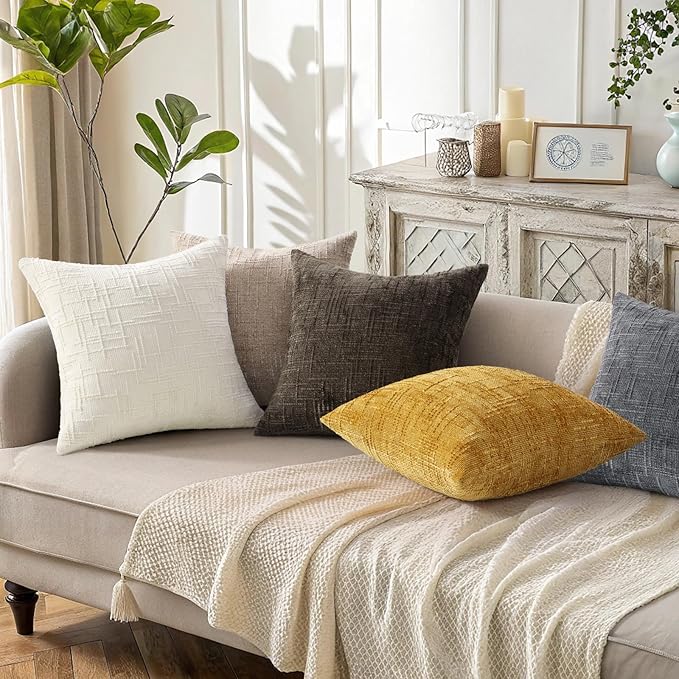 decorUhome Dark Brown Chenille Throw Pillow Covers 16x16 Set of 2 Thick Textured Slubby Couch Pillow Covers Farmhouse Accent Modern Neutral Decorative Pillow Cases for Bed Sofa Living Room