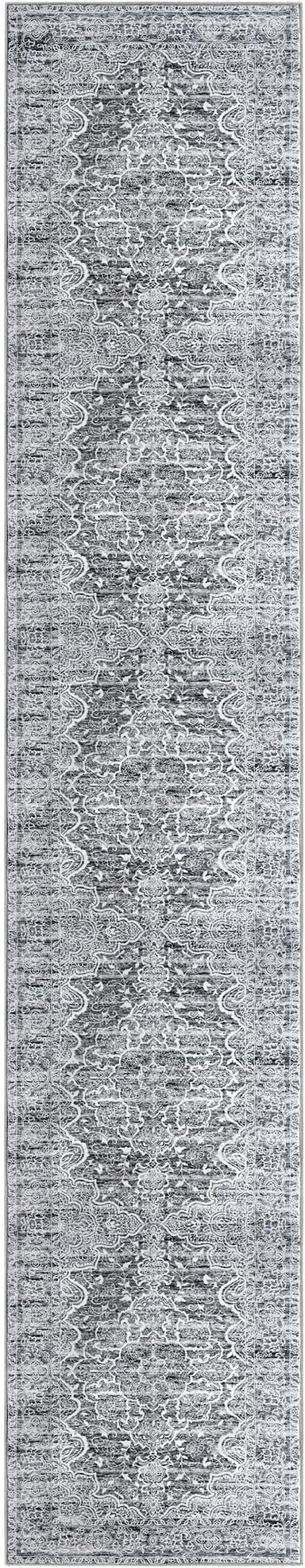 KUTA Vintage Floral Washable Runner Rug 2.6x14, Non-Slip Hallway Kitchen Rugs Grey Blue White with Rubber Backing, Ultra Soft Printed Classic Vintage Floral Extra Long 14ft Carpet Runners