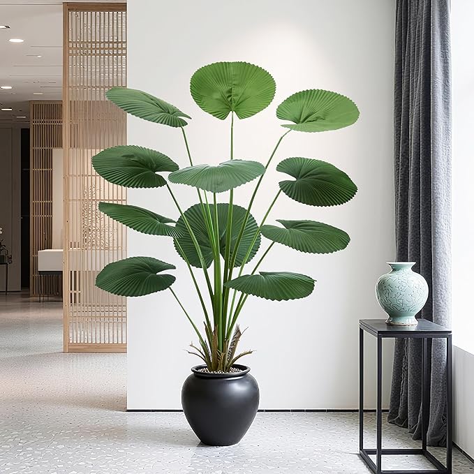 Artificial Palm Tree Faux Fan Palm Tree, 5FT Tall Tropical Areca Floor Plant in Pot Indoor and Outdoor Round Leaves Fake Plant for Home Bathroom Porch Outside Patio Decor