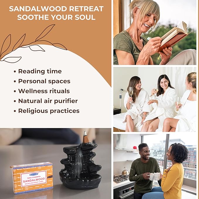 Sandalwood Backflow Incense Cones for Waterfall Aromatic Smoke Fountain Haze Falls and Mat Bundle - Pack of 6