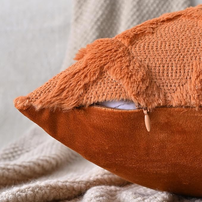 Set of 2 Soft Moroccan Throw Pillow Covers 24x24 Inch Plush Boho Decorative Pillow Cover Accent Cushion Case for Couch Sofa Bed, Burnt Orange