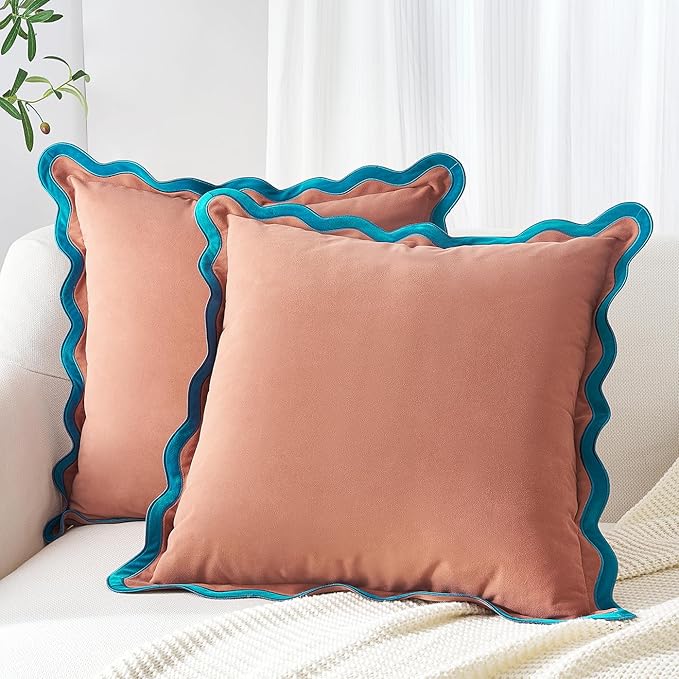 MONDAY MOOSE Decorative Throw Pillow Covers Cushion Cases, Set of 2 Soft Velvet Scalloped Wavy Edge Designs, Mix and Match for Home Decor, Pillow Inserts Not Included (20x20 inch, Teal/Pink)