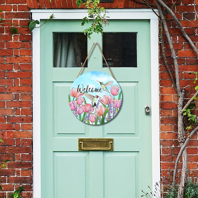 Welcome Spring Hummingbirds Sign for Front Door Decor Spring Floral Wood Door Hanger Sign Spring Summer Decorations Seasonal Farmhouse Wreath Wall Hanging Sign for Home Outdoor Outside Porch 12”x12”