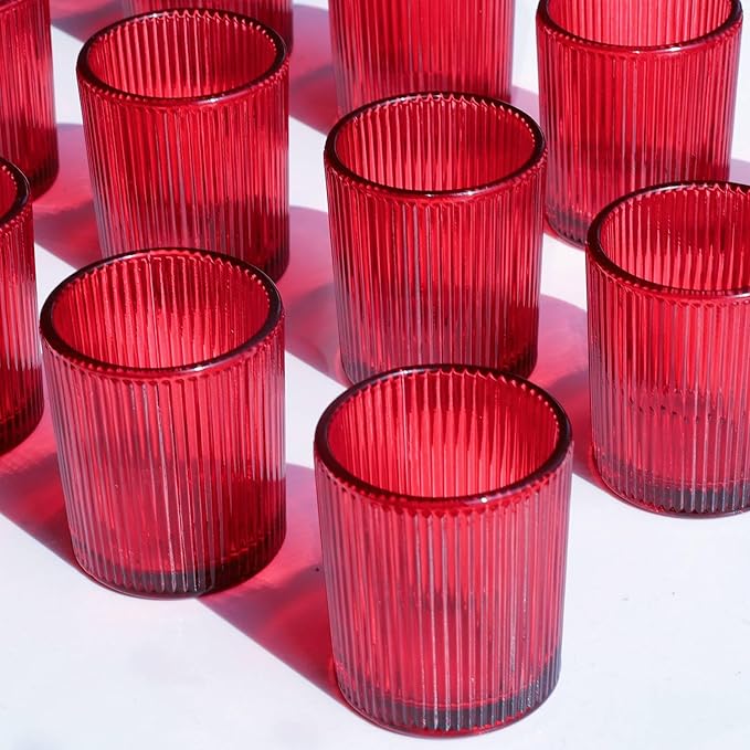 VOHO Red Candle Holders Set of 12, Ribbed Glass Votive Candle Holders Bulk for Holiday/Party Decorations, Tea Lights Candle Holder Wedding Centerpieces for Tables