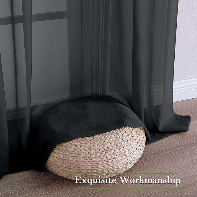 Lecloud Black Sheer Curtains 96 Inches Long 2 Panels, Solid Airy Voile Dual Rod Pocket Sheer Curtains, Light Filtering Privacy Window Curtain Drapes for Living Room Bedroom Balcony, 59" W x 96" L