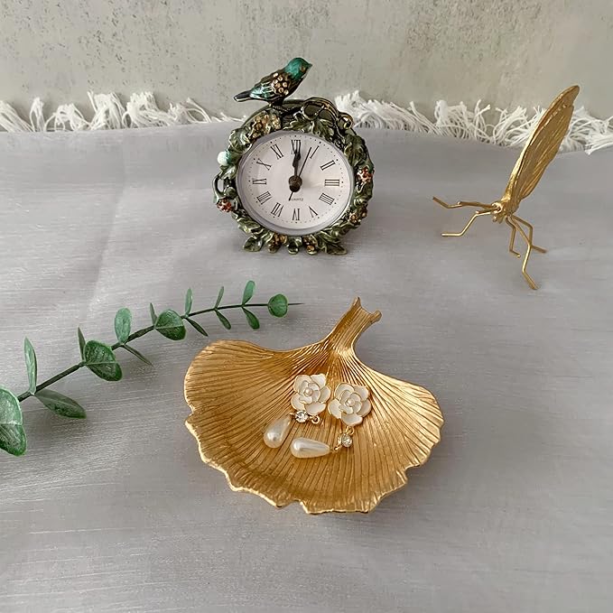 Metal Jewelry Dish, Small Leaf Shaped Ring Holder Jewelry Organizer, Trinket Dish Vanity Tray for Dresser Christmas Birthday Wedding Gifts