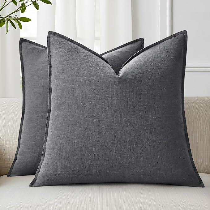 decorUhome Christmas Decorative Linen Throw Pillow Covers 24x24 Inch Set of 2 Dark Grey Soft Pillow Covers with Flange Edges Soft Farmhouse Boho Accent Pillow Cases for Couch Sofa Bed Living Room