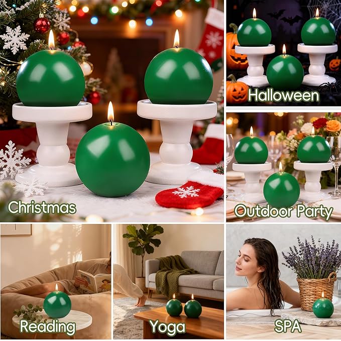 3 Inch Green Round Ball Candles,Elegant Round Pillar Candles,Hand-Poured Natural Soy Candles,26 H Long Burning Time-Dripless Smokeless Candle Dinner Table,for Wedding,Christmas Home Decor 4 Pack
