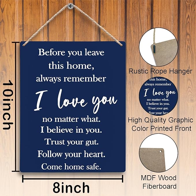 FUGWN Before You Leave This Home Always Remember I Love You Hanging Wooden Sign 8x10, Entryway Wall Decor, Motivational Inspirational Home Decor (Navy Blue)