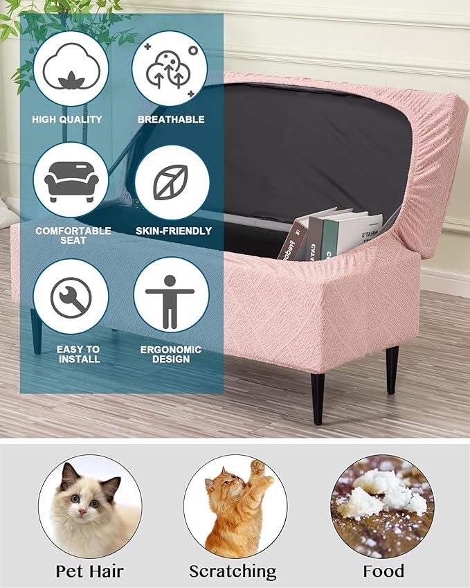 CRFATOP Jacquard Rectangle Ottoman Stool Cover Stretch Folding Storage Footstool Bench Slipcovers Upholstered Foot Chest Chair Covers Washable Entryway Furniture Protector with Elastic Bands,M,Pink