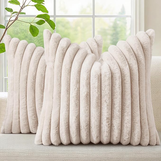 decorUhome Faux Fur Christmas Throw Pillow Covers 24x24 Set of 2, Decorative Soft Plush Striped Neutral Couch Euro Pillow Covers with Velvet Back for Sofa, Bed, Living Room Home Decor, Beige
