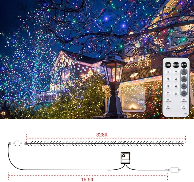 328 FT 1000 LED Christmas Lights, Waterproof Christmas Lights Outdoor with 8 Modes&Timer, Plug in Fairy Light for Xmas Garden Patio Tree Party Holiday Decoration（ Multicolor）