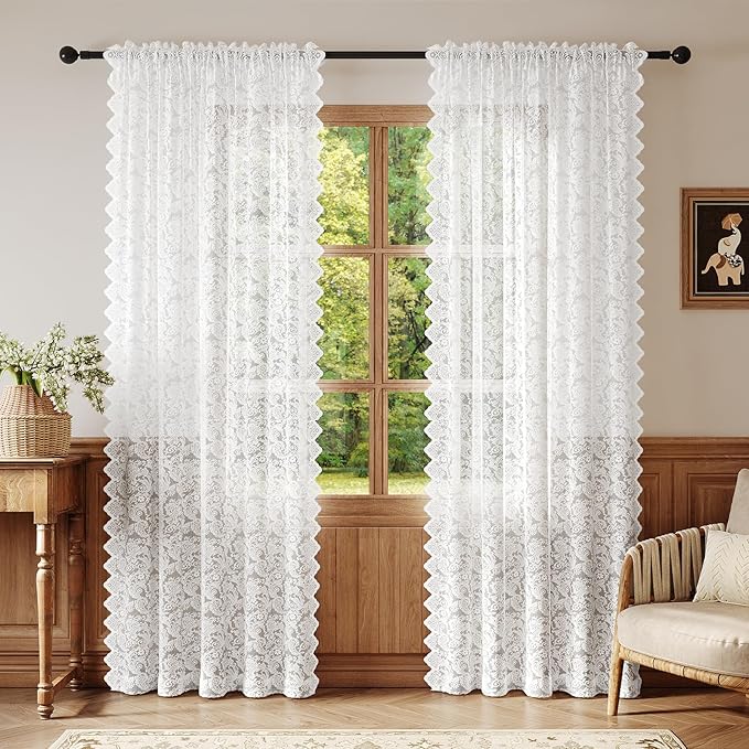 Pure White Lace Sheer Curtains – Vintage Floral Lace for Living Room/Bedroom, Light Filtering Rod Pocket Window Drapes Privacy Chic Window Treatments, 52W x 108L Inch, 2-Panel Set