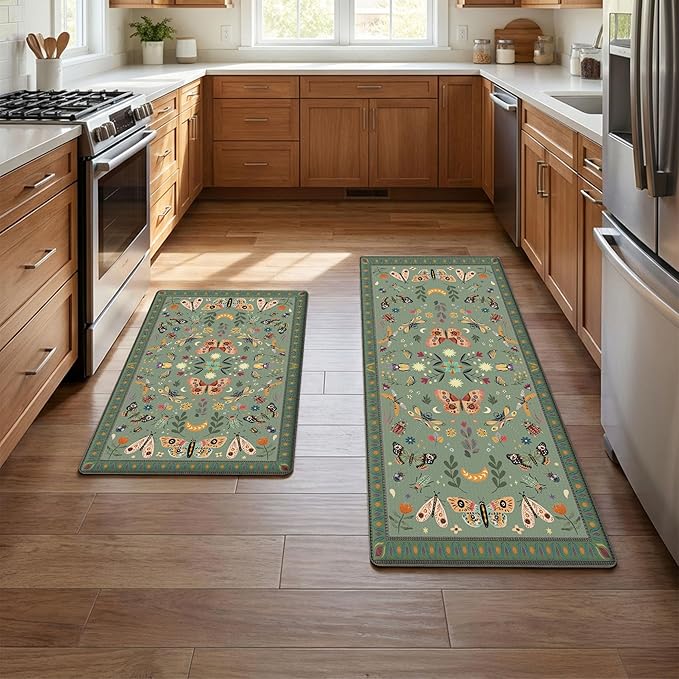 Anti Fatigue Mats for Kitchen Floor Green Kitchen Rugs Sets of 2 Bug Insect Butterfly Non Slip Cushioned Waterproof Comfort Memory Foam Standing Floor Mat for Office Laundry Sink Desk