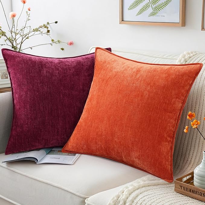 decorUhome Christmas Couch Throw Pillow Covers 26x26 Set of 2, Decorative Soft Euro Velvet Neutral Chenille Pillow Covers with Elegant Design for Sofa Bed Living Room Home Decor, Rhododendron
