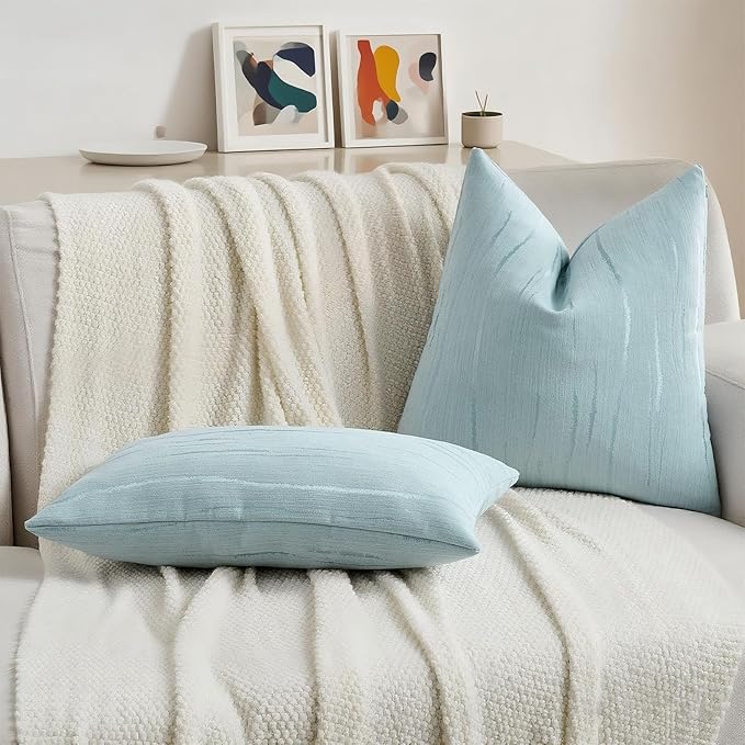 HAUSSY Light Blue Throw Pillow Covers 26x26 Inch Set of 2, Boho Embossed Striped Textured Decorative Pillowcases Soft Chenille Cushion Cases, Modern Home Decor for Couch Bed Living Room
