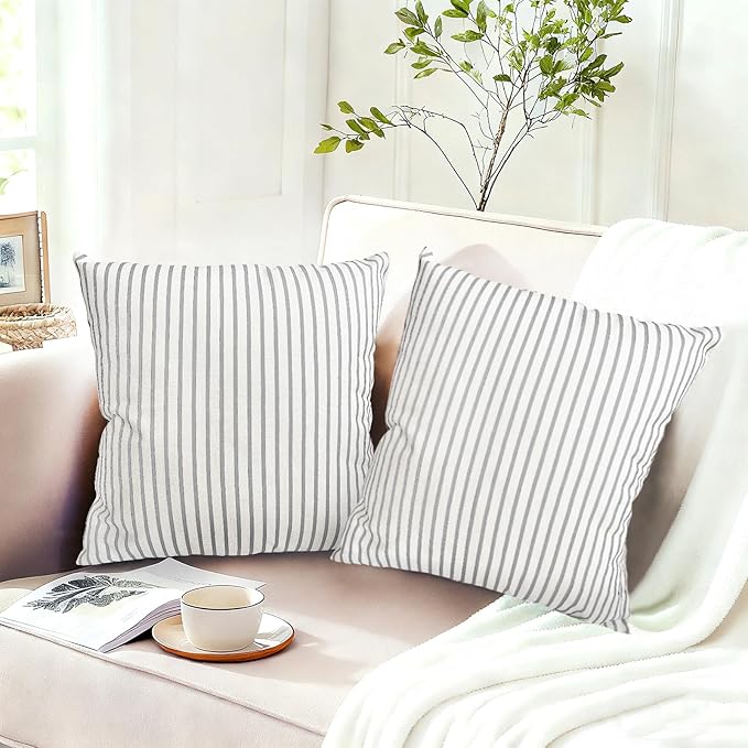 Decorative Throw Pillow Covers Set of 2 Light Gray Striped Pillow Covers 20x20 Inch Throw Pillow Cover Linen Pillowcase Modern Farmhouse Outdoor Pillow Covers for Couch Sofa Living Room