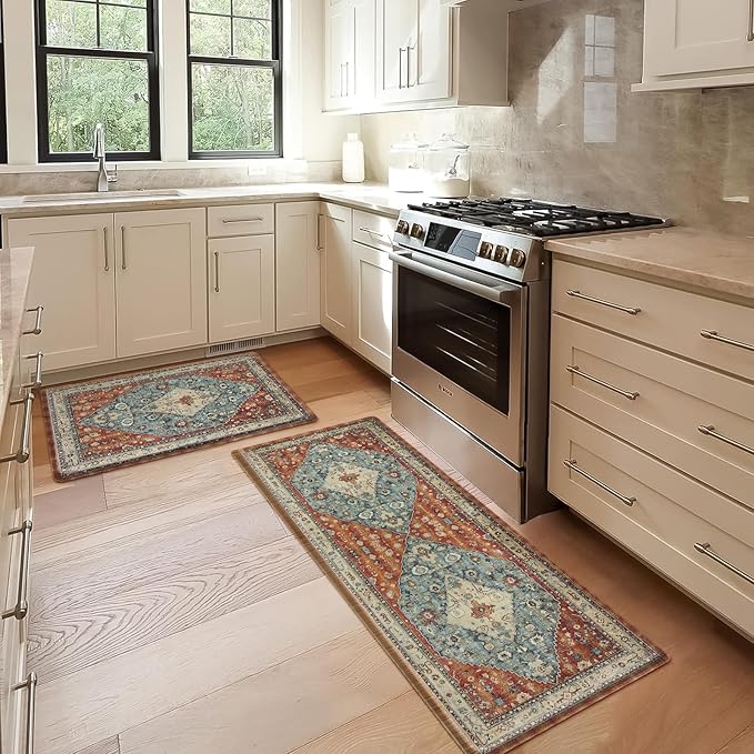 Collive Boho Kitchen Mat 2PCS, Cushioned Anti Fatigue Kitchen Mats for Floor Waterproof Kitchens Rugs Set of 2, Non Slip Comfort Standing Mat for Office, Sink, Laundry, 17"x30"+17"x59"