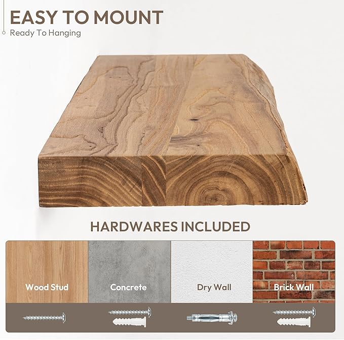 Marsmiles 36 inch Floating Shelves for Wall Elm Wood Live Edge Shelves|Rustic Wall Shelves with Invisible Heavy-Duty Bracket for Bathroom Living Room Kitchen|Natural, 2 Pack
