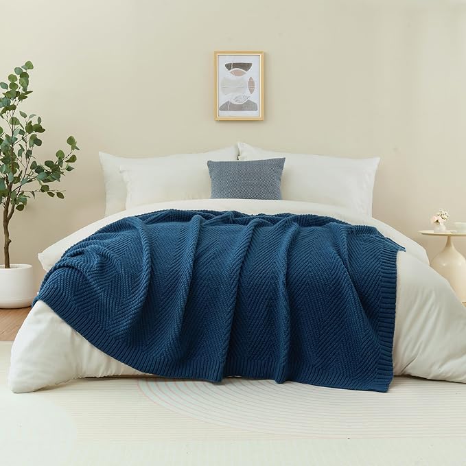 Knitted Throw Blanket 50"X60", Navy Blue Knit Throws for Bed, Super Soft Boho Chevron Blankets for Couch Sofa Chair Room Decor, Textured Decorative Farmhouse Cozy Lightweight