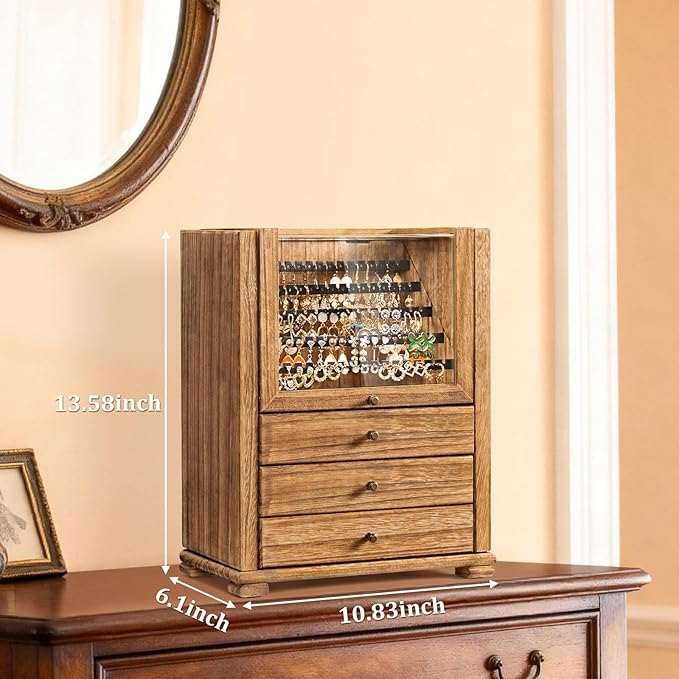 Jewelry Box Organizer, Rustic Wooden Jewelry Boxes for Women Girls, Large Storage Earring Holder Organizer Display for Earrings Necklaces Rings Bracelets, Jewelry Case as Gifts for Her
