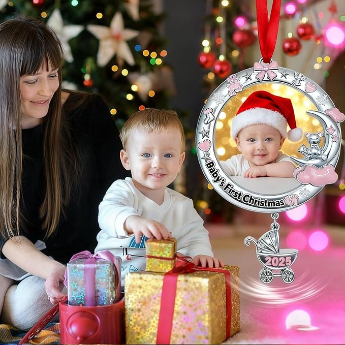 Babys First Christmas Ornament 2025 My Very First Christmas Photo Frame 2025 Dated Metal Picture Frame Xmas Tree Decor Baby Keepsake Newborn Boys Girls Gifts for Son Daughter Grandson Granddaughter