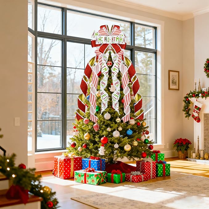 Christmas Tree Topper 48" x 13", Red Large Velvet Bow with Long Streamers, Wired Edge Decorative Bow for Wreath Door Holiday Party Festival Xmas Decoration Supplies-Red