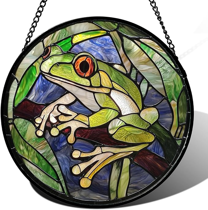 Stained Glass Window Hanging, Teal Frog Sun Catcher for Door Home Decor Green Suncatcher Christmas Mother's Day Birthday Gifts for Women Men Mom and Nana 9.8 in