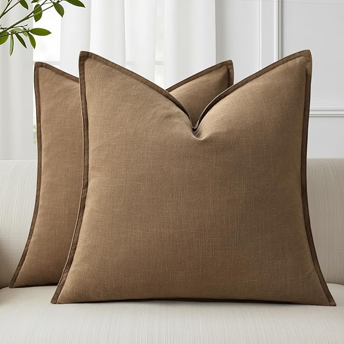 decorUhome Christmas Decorative Linen Throw Pillow Covers 20x20 Inch Set of 2 Khaki Brown Soft Pillow Covers with Flange Edges Soft Farmhouse Boho Accent Pillow Cases for Couch Sofa Bed Living Room