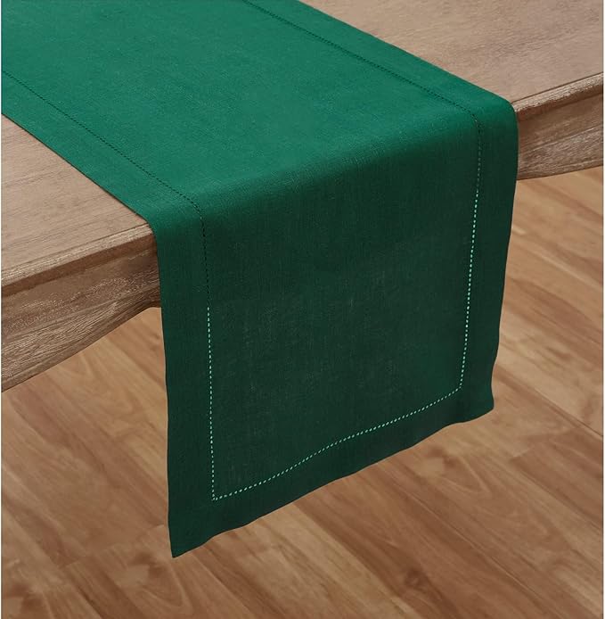 Solino Home Linen Rainforest Green Hemstitch Table Runner 60 Inches - 100% Pure Linen Small Table Runner 14 x 60 Inch Ideal for Dresser and Coffee Tables, St Patricks Day - Classic Hemstitch