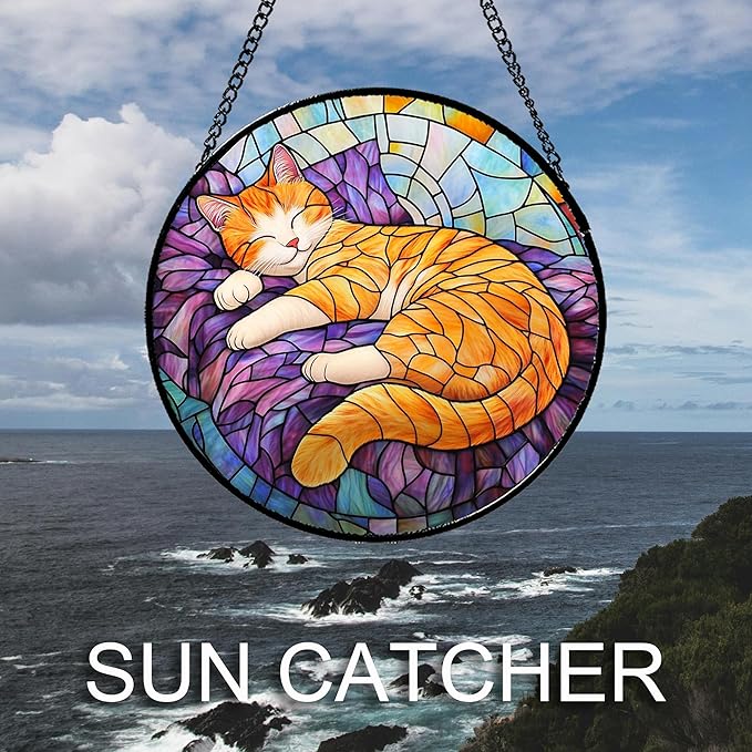 Stained Glass Window Hanging Sleeping Orange Cat Large 11.8" - Memorial Gift Suncatcher Door Sun Catcher Decor Birthday Christmas for Lost Pets Mom Men Woman Friend