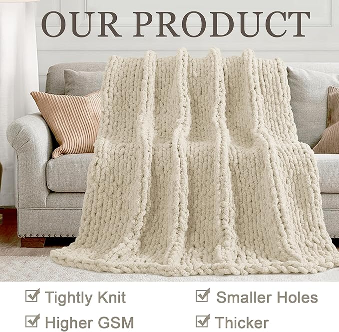 Chunky Knit Throw Blanket 60"X 80", 100% Handmade with Soft Chenille Yarn, 6.7lbs Thick Cable Knitted Blankets, Large Rope Knot Crochet Throws for Couch Sofa Bed Home Decor, Beige