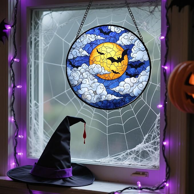 Stained Glass Window Hanging - Halloween Decorations Bats Moon Clouds Suncatcher for Doors Garden Indoor Spooky Funny Sun Catchers Gothic Decor Horror Gifts for Women Men Friend 9.8 in