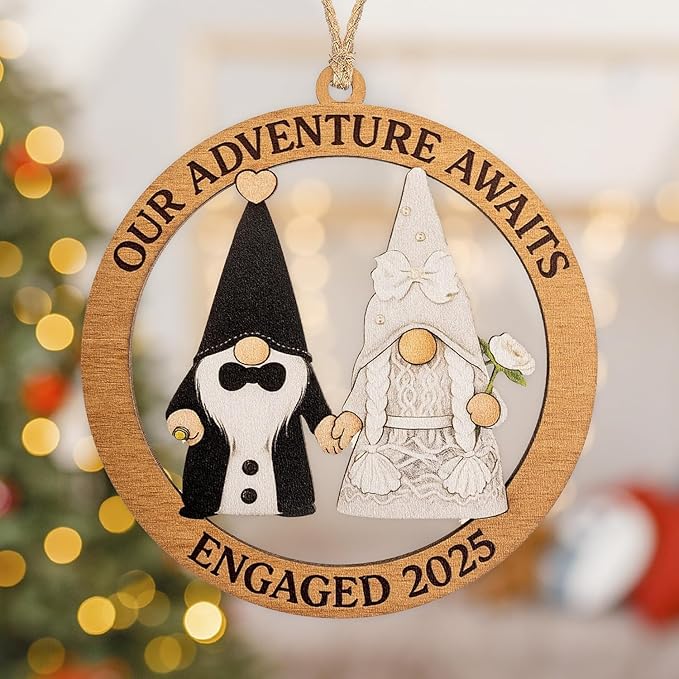 Engagement Ornament, Gnome Ornaments, Gnome Gifts for Women, Wedding Ornaments, Our Adventure Awaits Engaged 2025 Wooden Keepsake, Handmade Couple Christmas Decoration, Engagement Gifts Ready to Gift