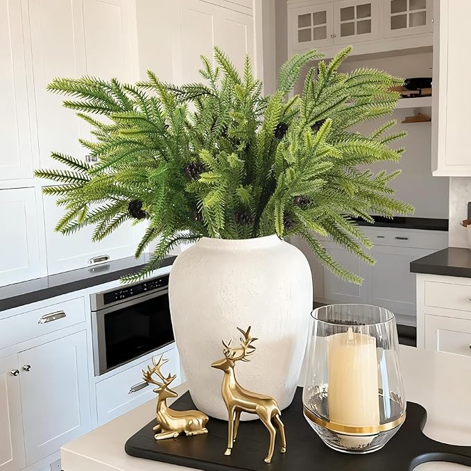 6 PCS Real Touch Christmas Norfolk Pine Stems Branches with 5PCS Pinecones, Soft Bendable Droopy Artificial Faux Pine Stems Picks Lifelike Greenery Stems for Vase Garland Wreath Table Home Decor