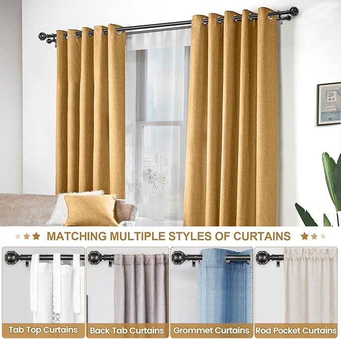KAMANINA 1 Inch Double Curtain Rods for Windows 72 to 144 Inches (6-12 Feet), Black Heavy Duty Double Curtain Rod, Telescoping Drapery Rod with Netted Texture Finials