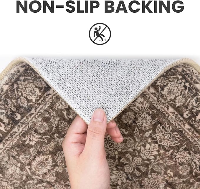 2x6 Washable Runner Rug for Hallways, Rust Reddish Brown Soft Neutral Vintage Kitchen Rugs with Non-Slip, Non-Shedding Distressed Floral Rug for Bedroom Kitchen Porch Laundry Entryway