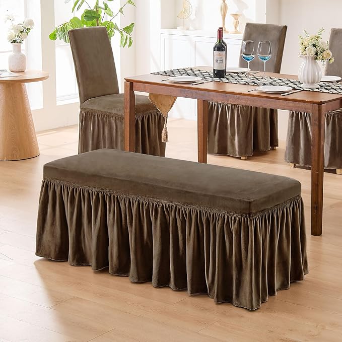 NICEEC Spandex Stretch Dining Bench Cover with Skirt Removable Bench Slipcover Rectangle Washable Bench Cushion Covers for Dining Room Living Room Bedroom Kitchen(Brown)