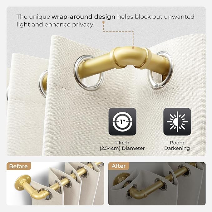 Zeerobee Curtain Rods for Windows 72 to 144, 1 Inch Industrial Wrap Around Curtain Rod, Indoor/Outdoor Room Divider Adjustable Drapery Pole, 72"-144", Gold
