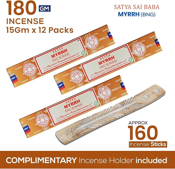 Satya Myrrh Incense Sticks, Satya 15gmx12 Pack with Raajsee Incense Holder Bundle, Satya Nagchampa Natural Incense