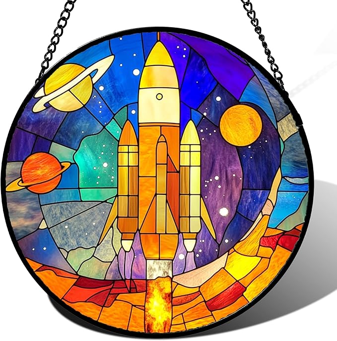 Stained Glass Window Hanging Abstract Universe Planetary Rocket 7.8" - Suncatcher Door Garden Sun Catcher Home Decor Birthday Children's for Men Teenage Boys Kids