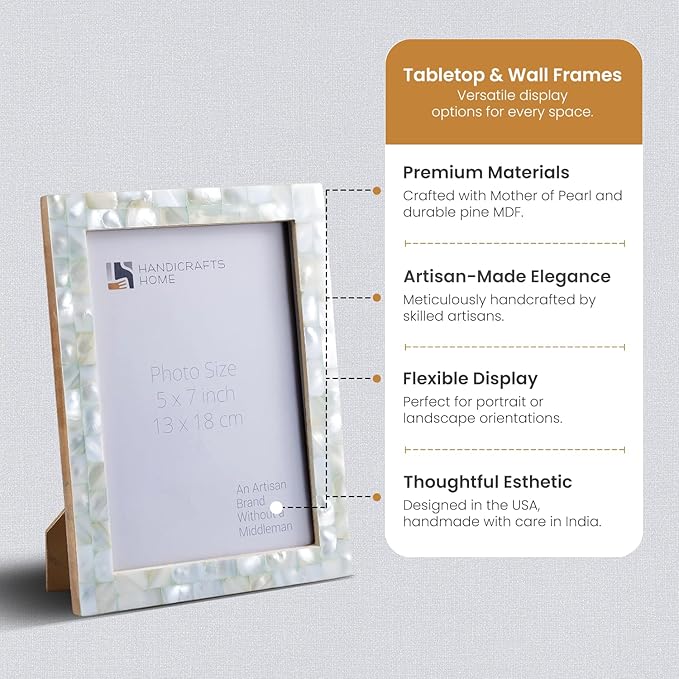Handicrafts Home 5x7 Picture Frame Mother of Pearl Collection, Handcrafted Photo Frame, Small Picture Frame for Living Room, Wall Decor, Office Desk Decor, Vintage Picture Frames, Gift for her, Thanksgiving gift for friends & Family
